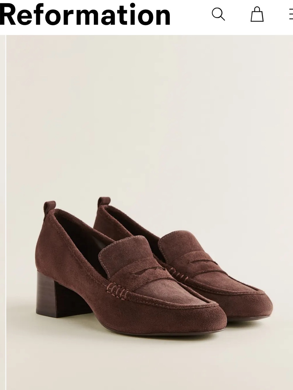 Reformation Franca Heeled Loafers- Espresso Suede